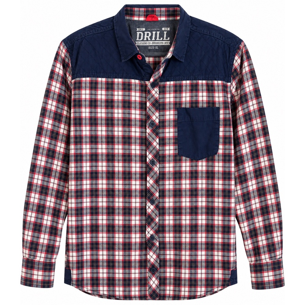 DRILL Clothing Co Plaid Quilted Yoke Flannel Shirt Navy Red Size XL Workwear